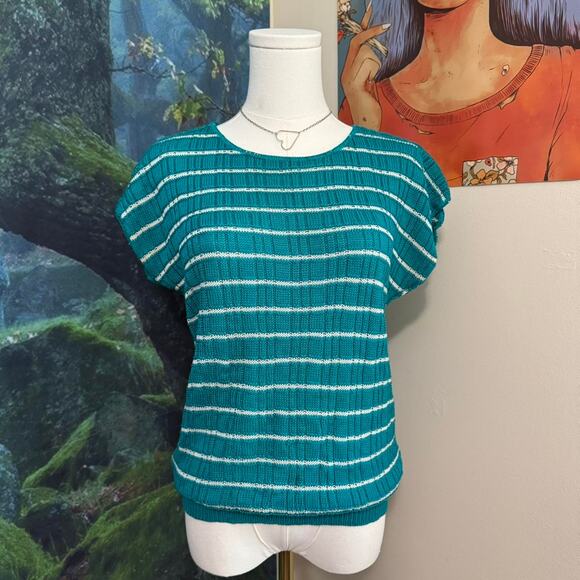vintage turquoise striped knit top made in usa minimalist retro - Picture 3 of 6